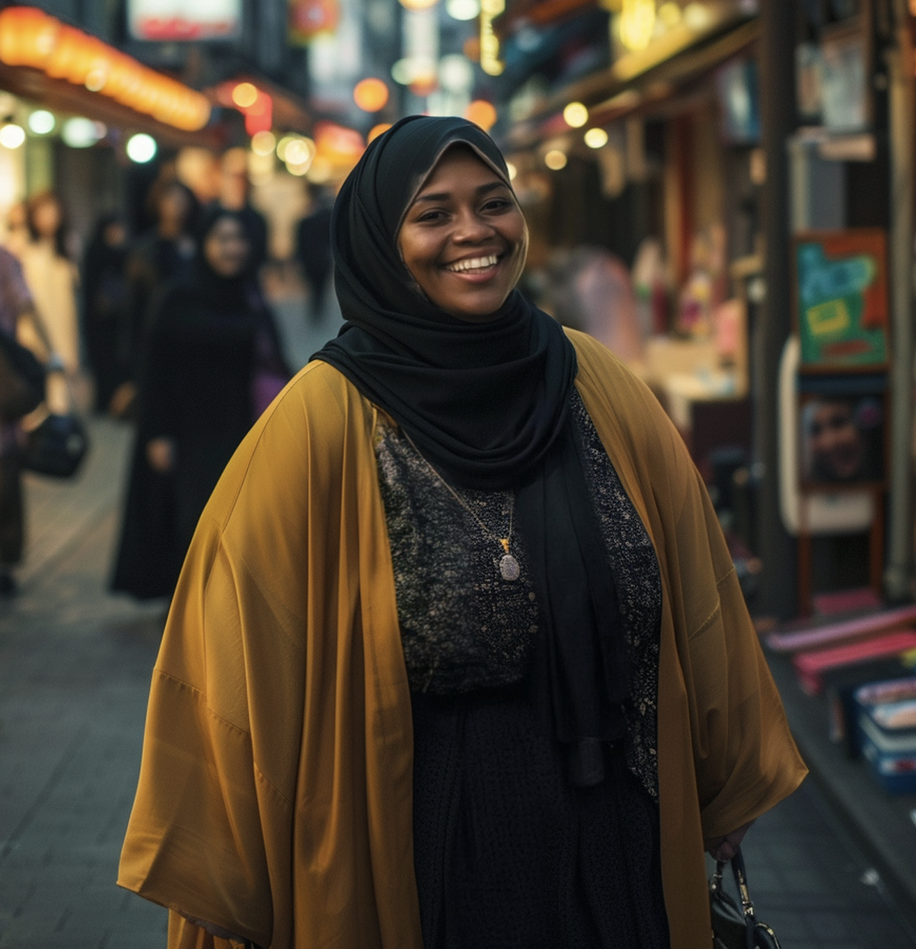 A woman in a mustard abaya smiling warmly on a bustling street
