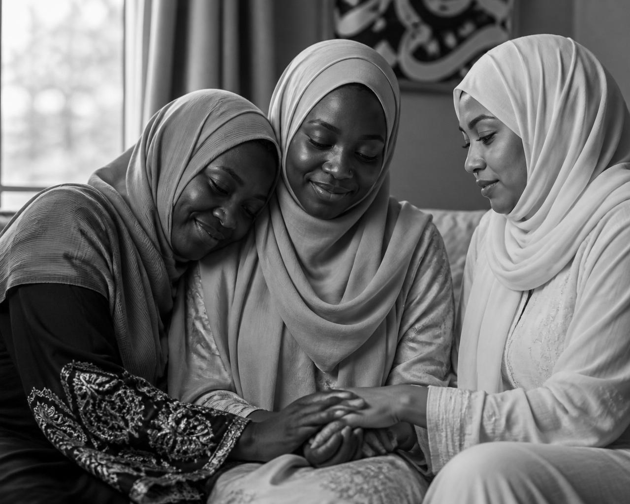 Two women in soft hijabs seated together in window light, sharing tea and an open book